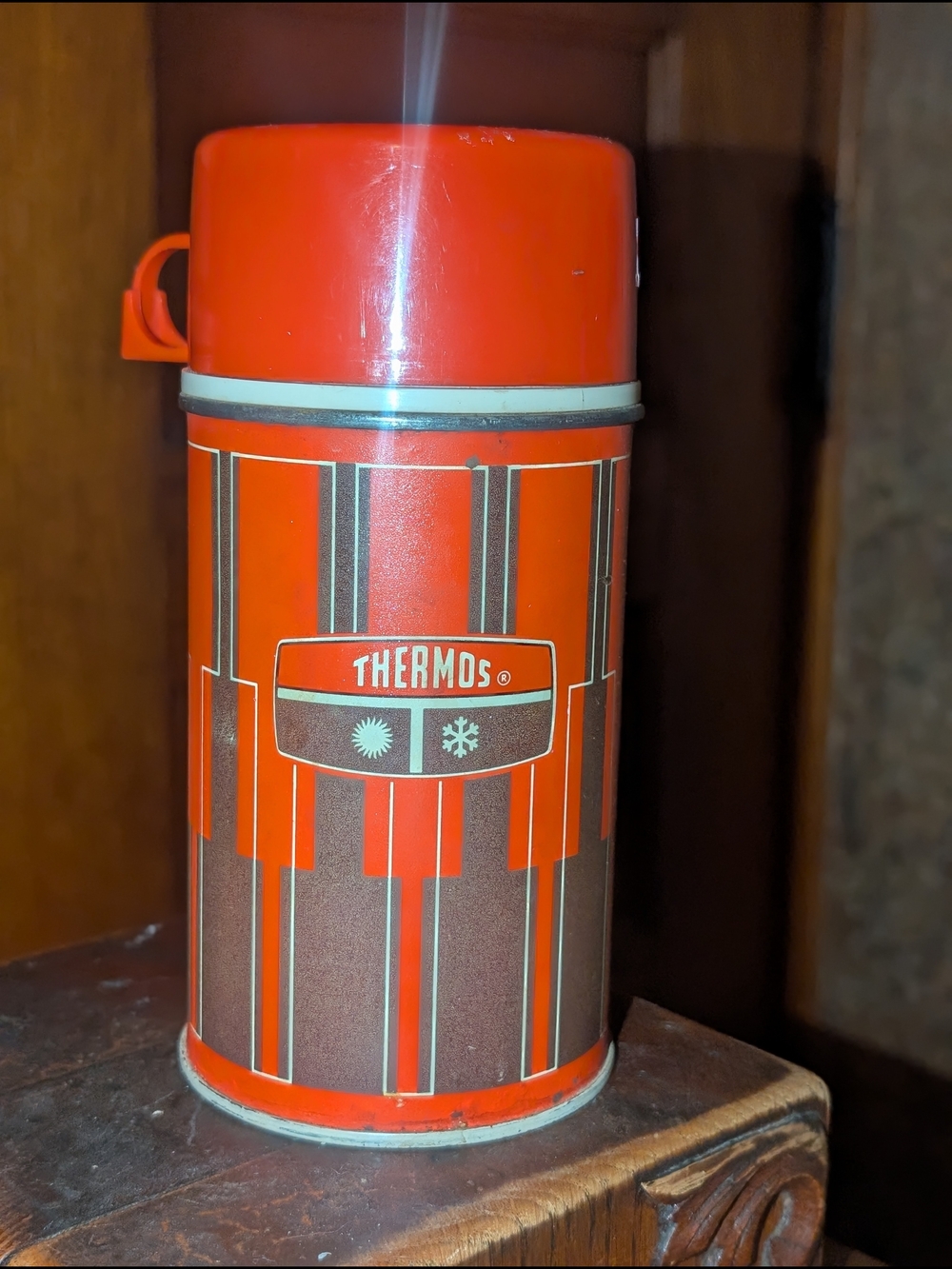Vintage Thermos Brand Red & Brown Striped Travel Mug Excellent!